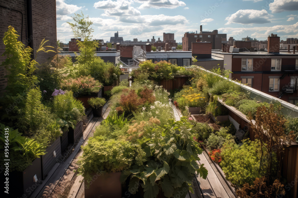 Rooftop Garden With Mix Of Sunloving And Shadeloving Plants. Sustainability And Conservation. Generative AI