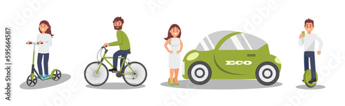 Young Man and Woman Taking Care of the Environment and Using Eco Friendly Transport Vector Illustration Set