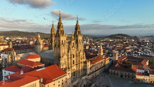 Aerial view of famous Cathedral of Santiago de Compostela. Travel destination in north of Spain Way of St James. Spain