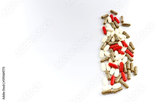 Set of pills or medicines on a white background