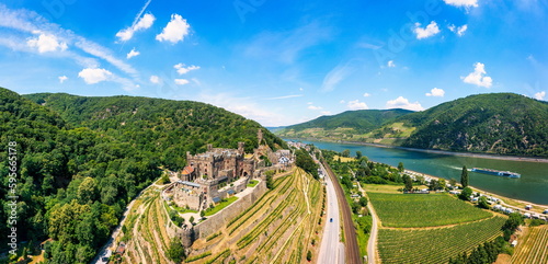Photography Reichenstein Castle with Clemenskapelle, Trechtingshausen on the Rhine river