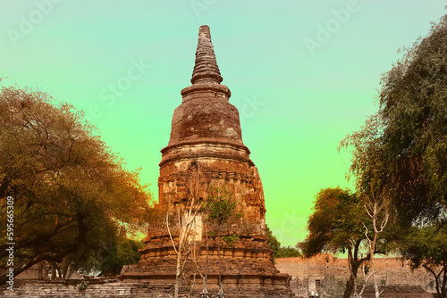 Ruins of Buddhist ancient shikhara, dagoba, stupa in southern Thailand, Ayutthaya. The ancient capital of the kingdom of Ayutthaya, which preceded Siam, 14th century photo