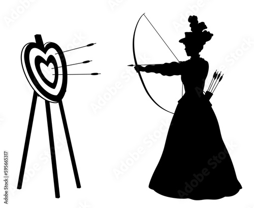 Profile silhouette of young female archer in victorian dress shooting arrows at heart shaped target.
