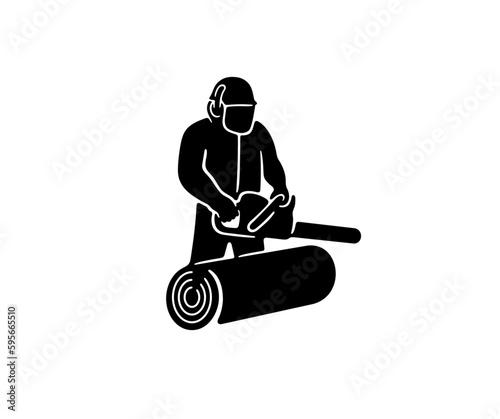 Lumberjack with chainsaw felling trees, silhouette and graphic design. Woodcutter or lumberman sawing with a chainsaw on sawmill or forest, vector design and illustration