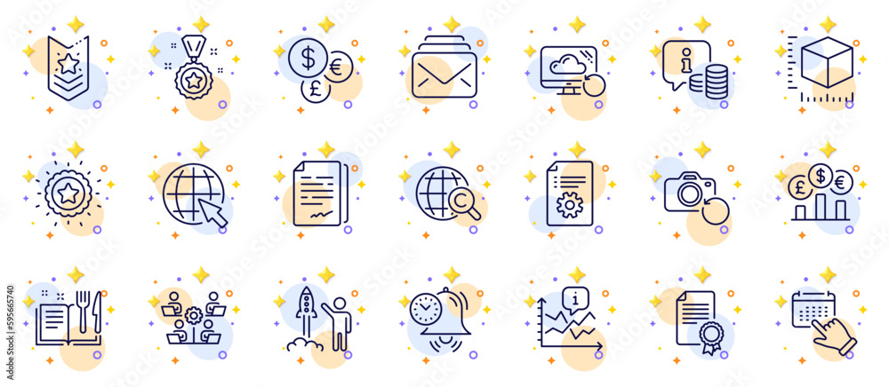 Outline set of Package size, Time management and Teamwork line icons for web app. Include Currency rate, Info, Recipe book pictogram icons. Recovery cloud, Winner star, Launch project signs. Vector