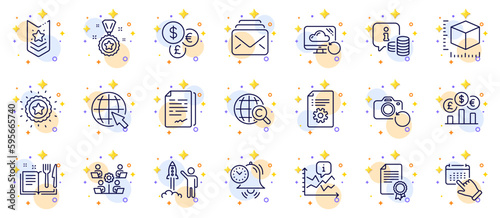 Outline set of Package size, Time management and Teamwork line icons for web app. Include Currency rate, Info, Recipe book pictogram icons. Recovery cloud, Winner star, Launch project signs. Vector