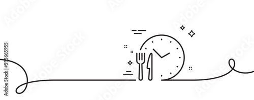 Food time line icon. Continuous one line with curl. Meal order clock sign. Restaurant opening hours symbol. Food time single outline ribbon. Loop curve pattern. Vector