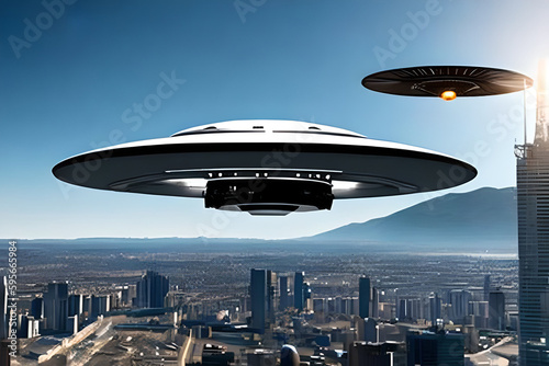 An image of a spacecraft or UFO hovering in the sky, with a landscape or cityscape in the background