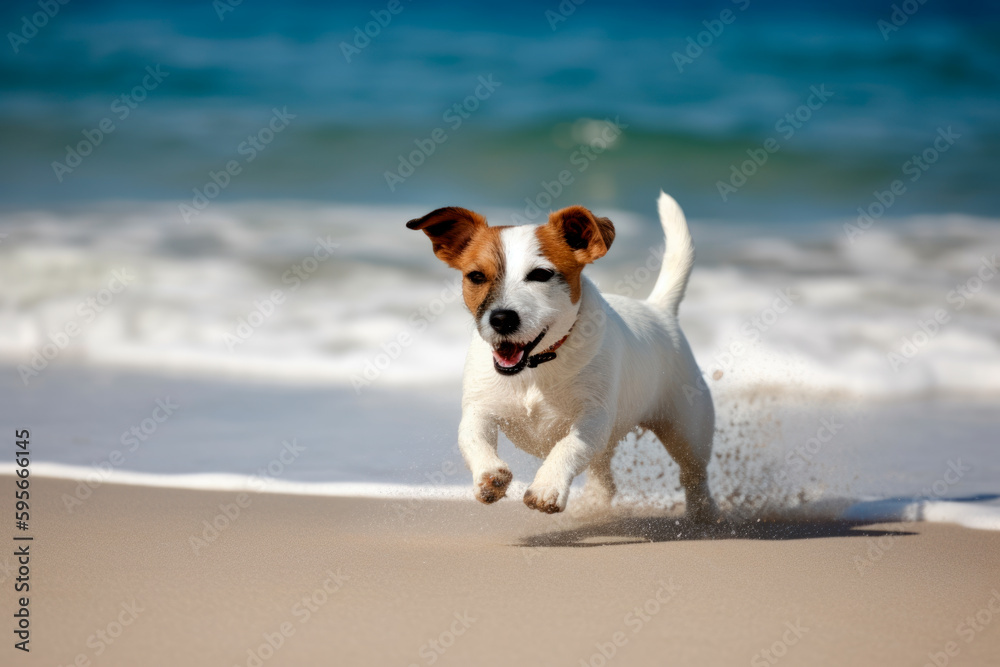 Jack Russel Terrier dog on the beach, funny portrait, generativeai