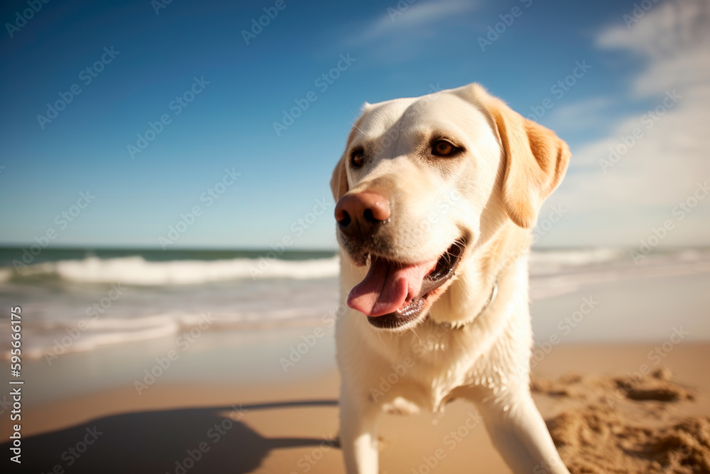 Labrador Retriever dog on the beach, funny portrait, generativeai Labrador Retriever dog on the beach, funny portrait, generativeai
