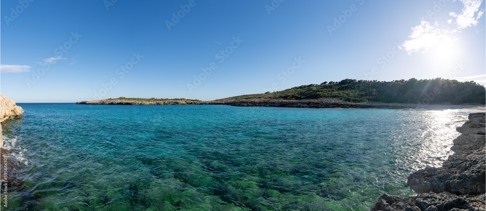 Panoramic coastline of Cala Varques, Beautiful Bay at Mediterranean Sea in Mallorca, Spain 