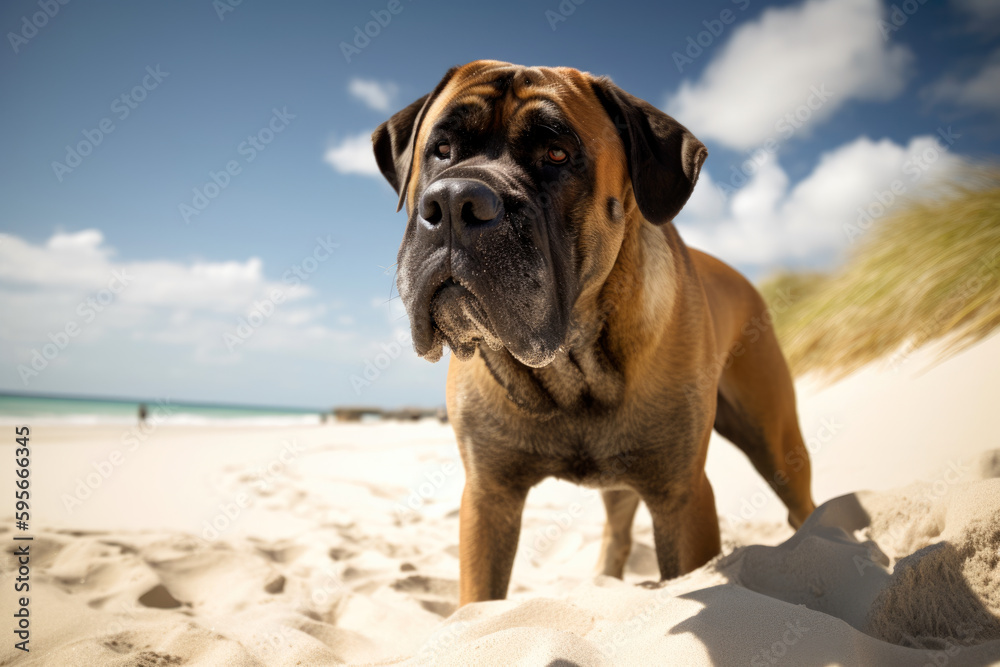 Mastiff dog on the beach, funny portrait, generativeai