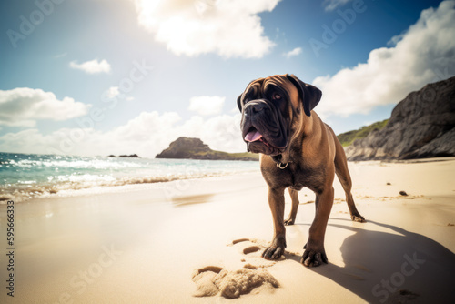 Mastiff dog on the beach, funny portrait, generativeai © Joachim