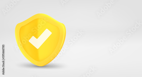 Golden shield with white check mark. 3d vector banner with copy space