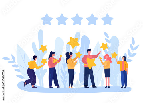 Illustration of people characters giving five-star feedback through stars rating system. Vector concepts depicting customer reviews with both positive and negative ratings. Vector.