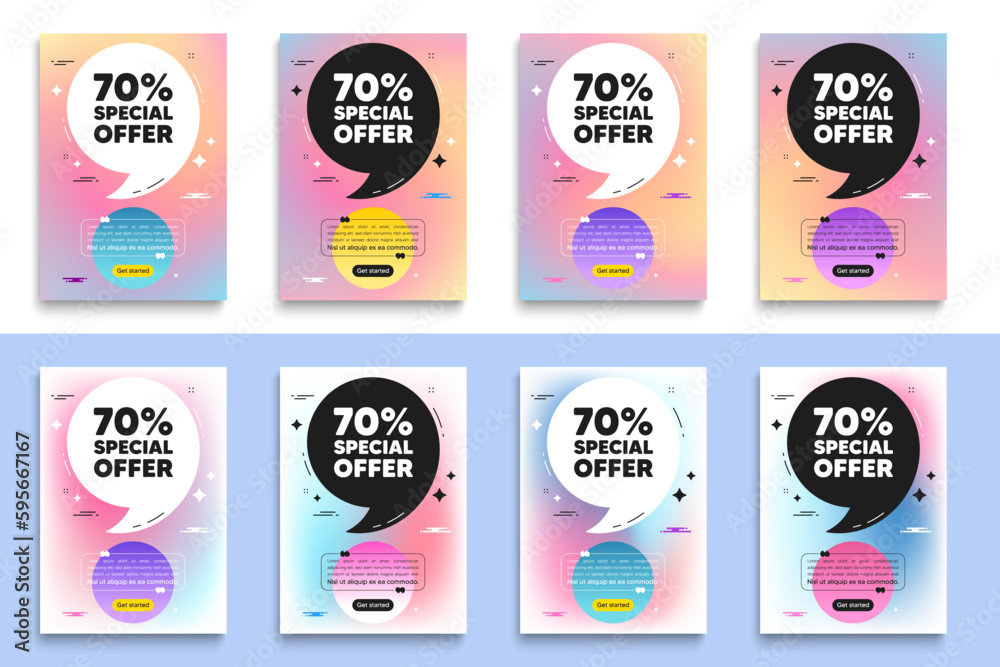 Obraz premium 70 percent discount offer tag. Poster frame with quote. Sale price promo sign. Special offer symbol. Discount flyer message with comma. Gradient blur background posters. Vector