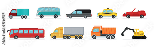Bus, Van, Taxi, Cabriolet, Truck and Excavator as Cars and Wheeled Motor Vehicle Vector Set