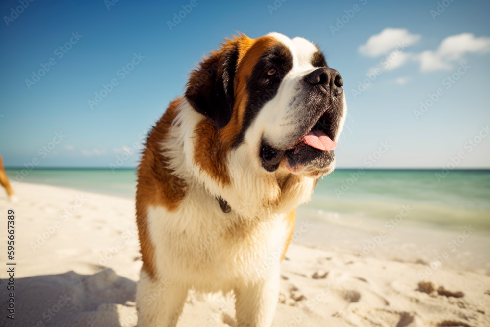Saint bernard dog on the beach, funny portrait, generativeai