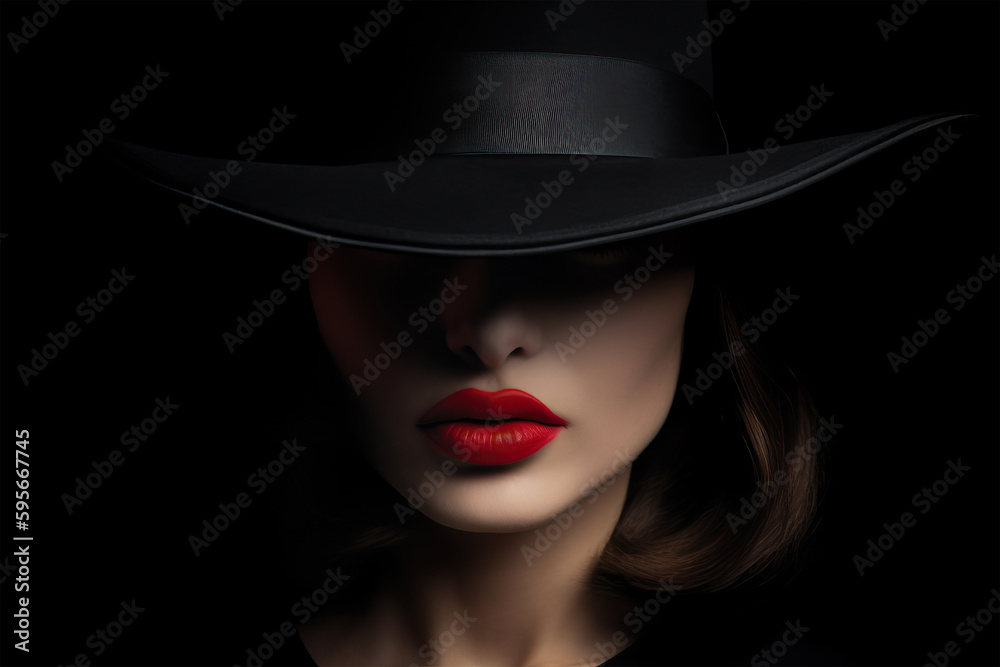 Fashion portrait of a woman with face hidden by elegant black hat and bright red lips. Generative AI Fashion portrait of a woman with face hidden by elegant black hat and bright red lips. Generative AI