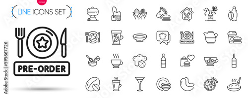 Pack of Food donation, Grill and Food delivery line icons. Include Cooking timer, Porridge, Soy nut pictogram icons. Latte, Tea bag, Seafood signs. Cooking whisk, Dishes, Cold coffee. Vector
