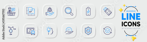 Idea, Battery charging and Safe time line icons for web app. Pack of Certificate, Usb flash, Search pictogram icons. Exhibitors, Floor plan, Approved signs. Confirmed, Chemical formula. Vector