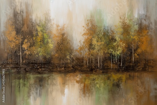 Abstract oil painting autumn landscape. Forest and pond impressionist art. Hazy fall morning.
