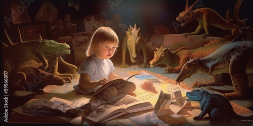 child reading a fantasy book surrounded by imaginary creatures