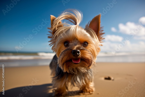 Yorkshire terrier in holiday on a beach, having fun, GenerativeAI