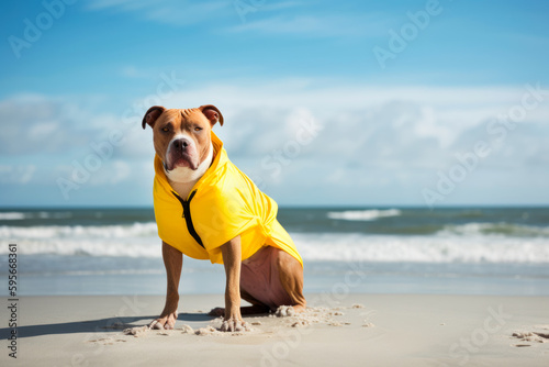 dog on the beach, american staffordshire terrier, GenerativeAI © Joachim