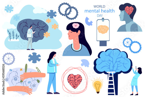 International Mental Health Day is a day devoted to increasing understanding of mental health concerns. Mental disorders can influence an individuals feelings, thinking, actions. Vector Illustration.