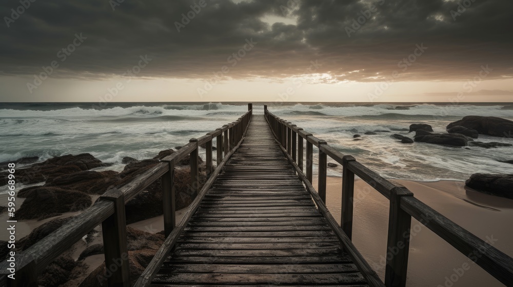Beach pier, pier leading out to the ocean and rough seas, waves and rocks around the pier, AI