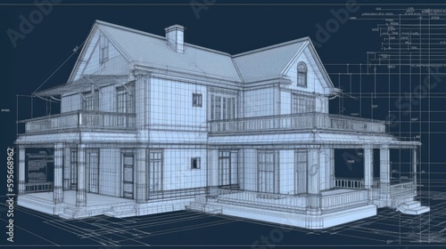 Cad 3d rendering of a a house on the computer, mockup of house design in 3d, cad drafting in revit or autocad, AI photo