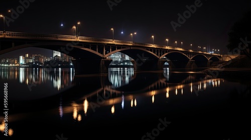 Bridge with lights reflecting in the river at night, AI
