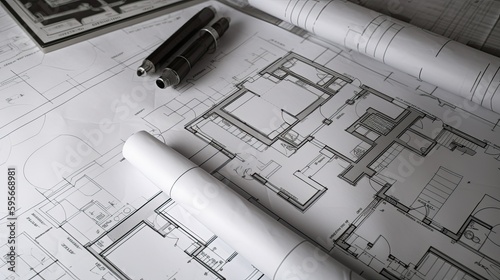 Architectural or engineering drawings on a table, blueprints, plans, AI