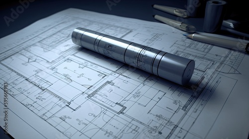 Architectural or engineering drawings on a table, blueprints, plans, AI
