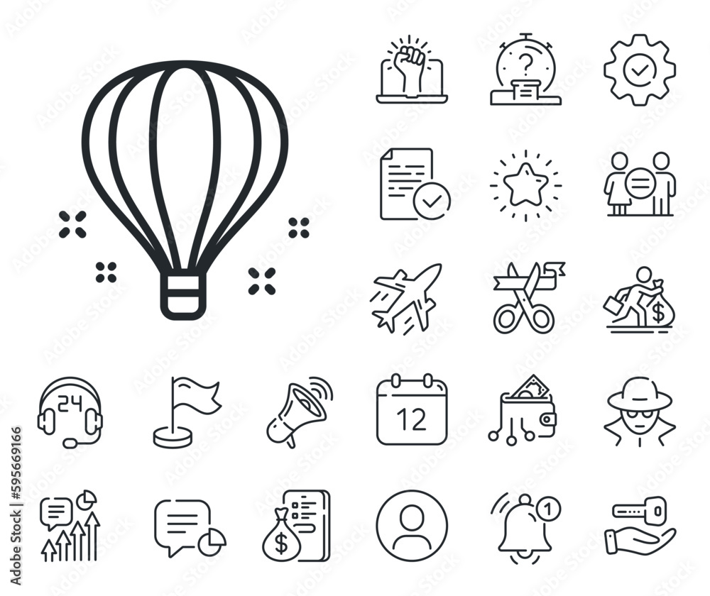 Sky trip sign. Salaryman, gender equality and alert bell outline icons. Air balloon line icon. Flight transportation symbol. Air balloon line sign. Spy or profile placeholder icon. Vector