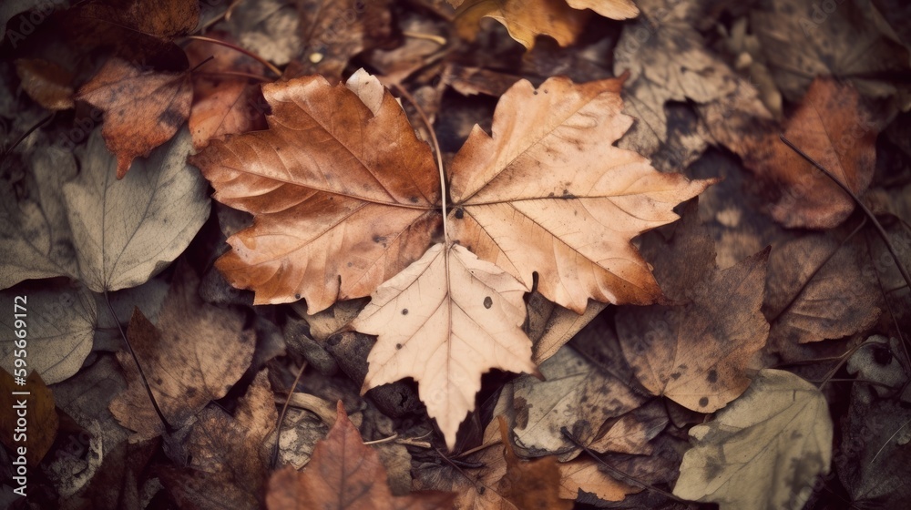 Three leaves on the ground in a heart shape, close up of leaf's on the ground, AI