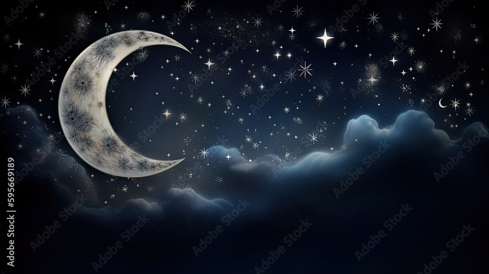 Moon and stars in the clouds, stary night concept, AI - obrazy, fototapety, plakaty 