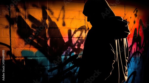 graffiti artist silhouette, street artist painting wall, AI