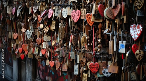 A wall of heart shaped keychains on a fence, colorful hearts, AI