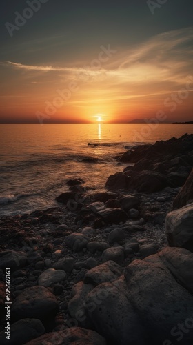 Sunset over the ocean looking over the coastline, cliffs over the sea with sun setting in the background, AI © Michael