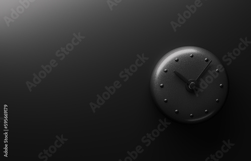 Black wall clock with minimalistic design on a black wall.