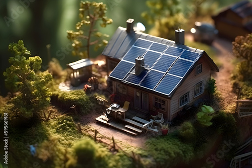 Mini world, model houses with solar panels in a green garden, Generative AI 1