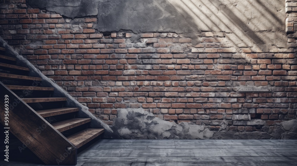 Rustic brick wall, wood stairs, and concrete floor background image, AI Rustic brick wall, wood stairs, and concrete floor background image, AI