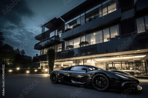 Modern car near luxury hotel in city. Sportcar parked next to facade of an expensive beautiful house. Life of wealthy people. Created with Generative AI © Lazy_Bear