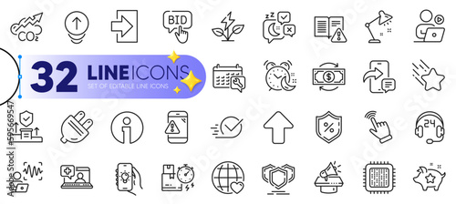 Outline set of Video conference, Alarm and Shields line icons for web with Warning message, International love, Falling star thin icon. Co2, Cursor, Security agency pictogram icon. Vector