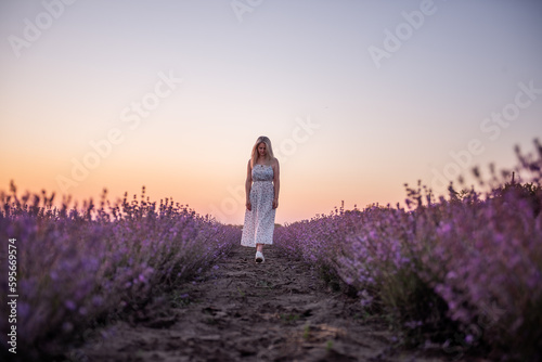 Young blonde woman walks between the rows of purple field at sunset. Travel in the countryside. The concept of allergy, freedom. Childfree is romantic girl. Illuminated by sunset sunlight. Copy space