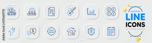 Fake news, Dot plot and Inspect line icons for web app. Pack of Power, Shield, Payment received pictogram icons. Pickup, Electric guitar, Calendar signs. Money currency, Teamwork, Attachment. Vector