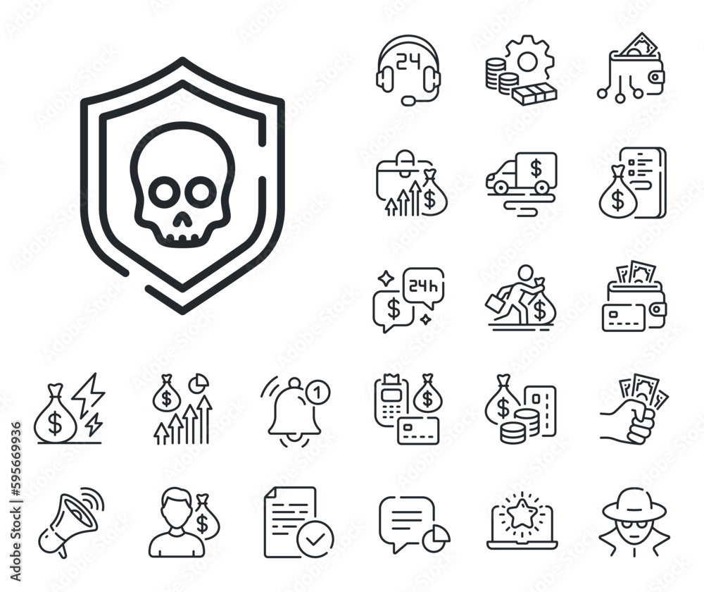 Ransomware threat sign. Cash money, loan and mortgage outline icons. Cyber attack line icon. Data protection symbol. Cyber attack line sign. Credit card, crypto wallet icon. Vector
