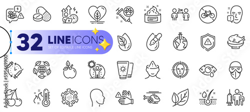 Outline set of Bicycle prohibited, Medical mask and Sunscreen line icons for web with Mental health, Cherry, Vaccination schedule thin icon. Eye drops, Organic product. Vector